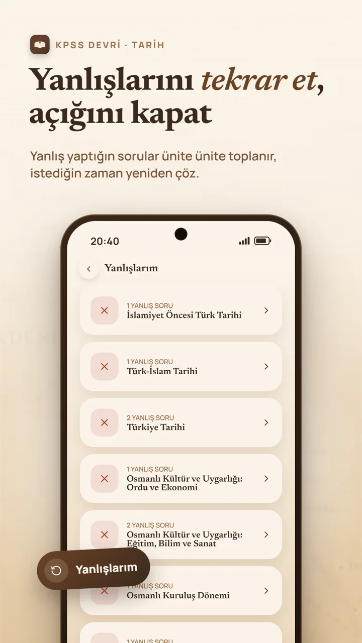 Yanlışlarım ekranı